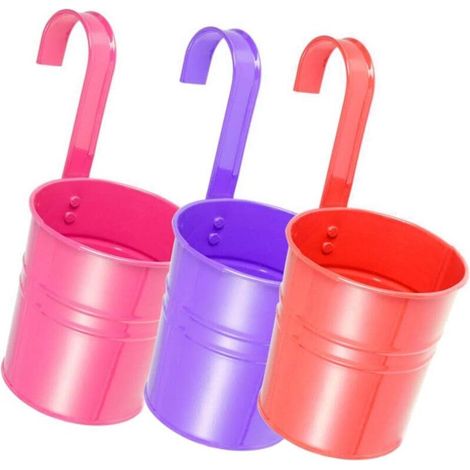 Lot de 3 pots de fleurs suspendus en métal en fer pour balcon, jardin, terrasse, jardin, clôture, pot de fleurs avec crochet amovible Couleur aléatoire
