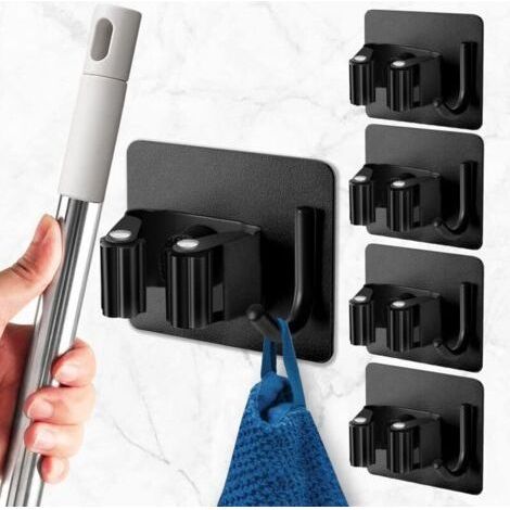 4 Pieces Black Wall Broom Hanger, Wall Broom Holder without Drilling, Adhesive Wall Broom Holder with Hook, Stainless Steel Broom Holder, Wall Tool Holder for Kitchen, Garage, Garden (1/4)