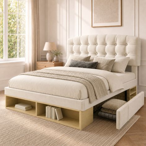 Lit double 140x190 cm en velours beige avec sommier à lattes et tiroirs de rangement, cadre de lit capitonné au dossier réglable en hauteur, meuble de chambre à coucher moderne sans matelas (1/5)