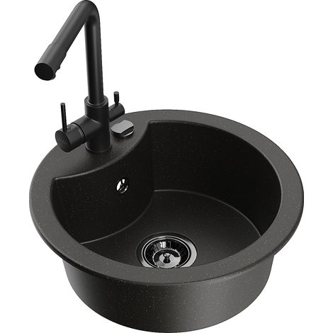 Mexen Diego fregadero de granito de 1 seno con grifo de cocina Duero, negro/dorado metálico - 6512-75-671600-70-B (1/5)