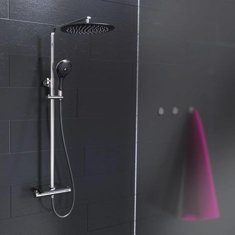 Système de douche avec thermostat et étagère, douche à effet pluie avec support mural (également pour trous de perçage existants), colonne de douche avec robinet de douche, noir (1/5)