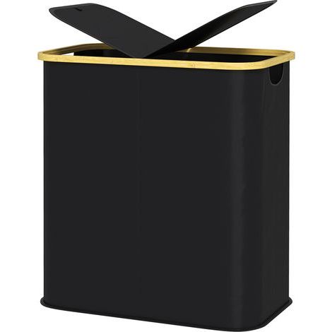 Panier à linge double pliable noir – 80L, corbeille sale avec couvercle, poignées rainurées (1/5)
