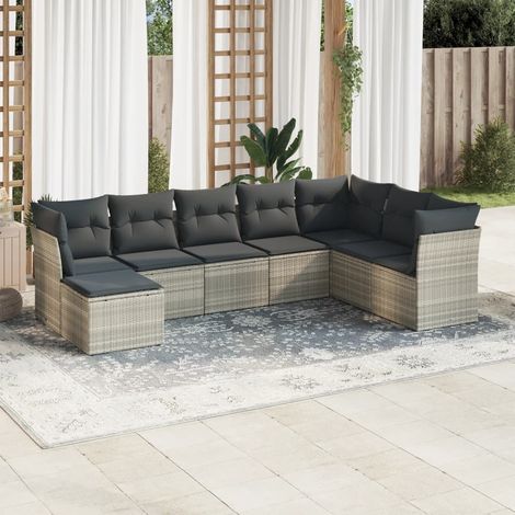 Ensemble salon jardin 8 places en résine tressée gris clair avec coussins amovibles et rangements intégrés (1/3)