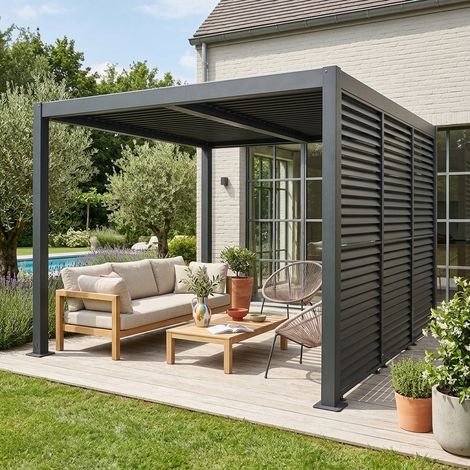 Pergola bioclimatique aluminium et acier 4x3m + 3 persiennes 130cm à lames orientables anthracite Palace (1/5)