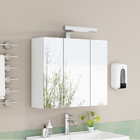 Mobile bagno sospeso con specchio 60 cm, 3 ante, LED, presa francese, bianco HAVRYA (1/5)