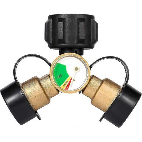 Répartiteur de propane, adaptateur en Y à 2 voies pour réservoir de propane avec manomètre, raccord en T pour barbecue à gaz propane (1/5)