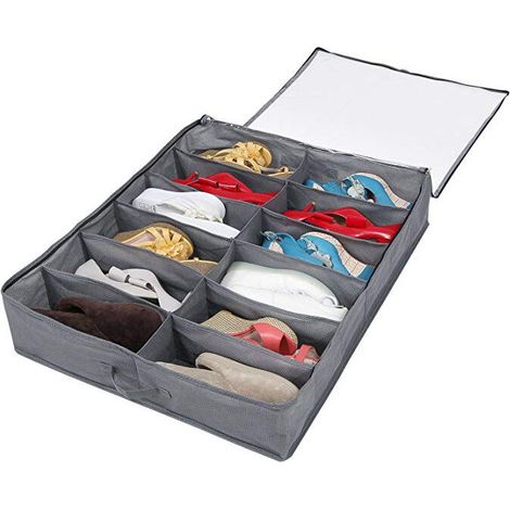Sac de rangement pour chaussures avec sac de rangement transparent pour chaussures à fenêtre, compartiment boîte sous le lit, gris， (1/5)