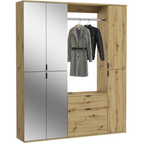 Armario de almacenamiento de 6 puertas con espejos + ropero y cajones - Roble claro - BODITE