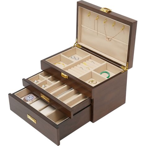 Boîte à bijoux en bois, boîte à bijoux à 3 niveaux pour femmes, organiseur de bijoux, coffret de rangement en bois pour colliers, boucles d'oreilles, bagues (1/5)