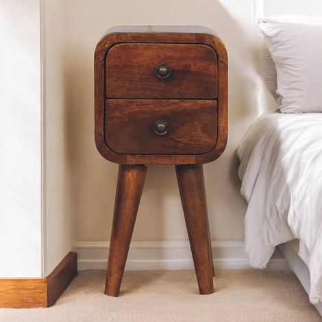 Table de chevet courbe Extra Mini en bois massif, châtaignier, 2 tiroirs pratiques, 4 pieds de style nordique (1/5)