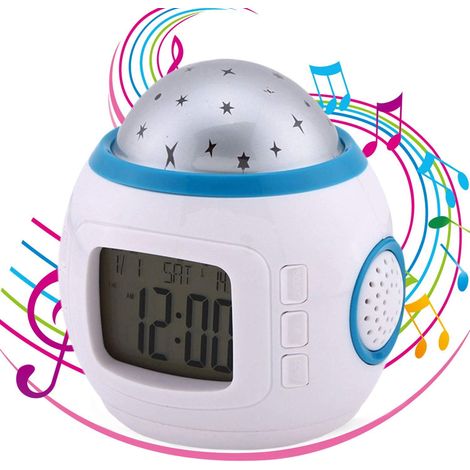Projecteur Étoiles - Horloge Réveil avec Projection Ciel Étoilé - Thermomètre et Sonnerie - Fonction Musique Rythmée - Alimentation sur Piles AAA - Blanc (1/5)