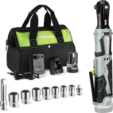 – Clé à cliquet sans fil 12V – Couple 55Nm – Charge rapide 1h – 1 batterie 2.0Ah – LED intégrée – 9 douilles et sac de rangement (1/5)
