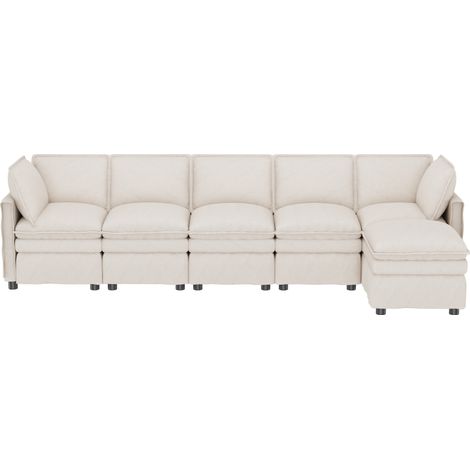 Canapé modulaire XXL 6 places en chenille beige avec fonction lit et pouf mobile (1/5)