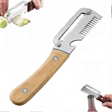 Outil de cuisine 3 en 1 : coupe-oignons, éplucheur et ouvre-bouteille en acier inoxydable, 19 cm, marron (1/5)