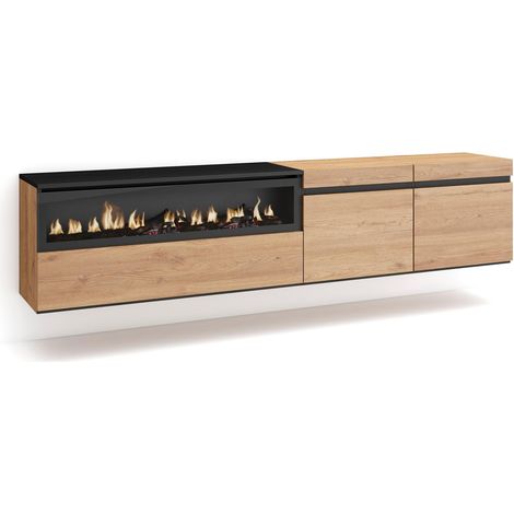 Skraut Home - Mueble TV, Televisión, Muebles de salón, almacenaje, 200x45x35cm, Para TV hasta 80", Chimenea eléctrica, Colgado, Suspendido, Estilo Moderno, Roble y negro (1/5)