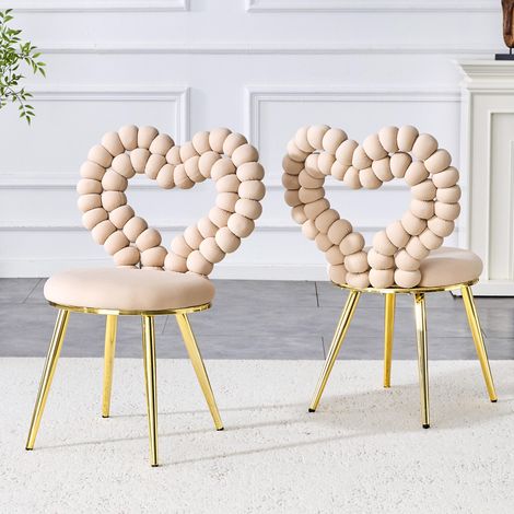 Chaises de salle à manger en velours beige clair (lot de 2) – Dossier ajouré en forme de cœur, pieds en métal doré, polyvalentes pour les salles à manger, les vestiaires et les salons.