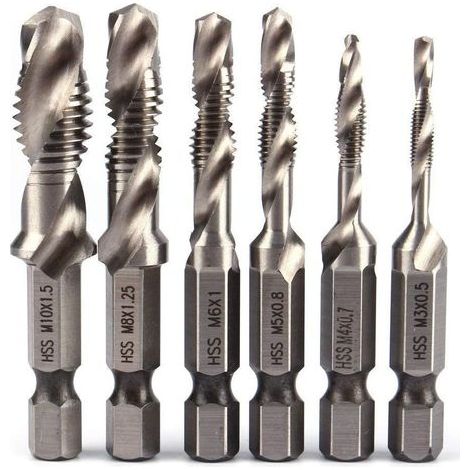 6-teiliges HSS-Bohrerset, 1/4"-Sechskantschaft, Kombinationsbohrerset, HSS-Bohrer M3-M10 metrisches Gewinde, für Holz, Eisen, Aluminium, Silber (1/5)