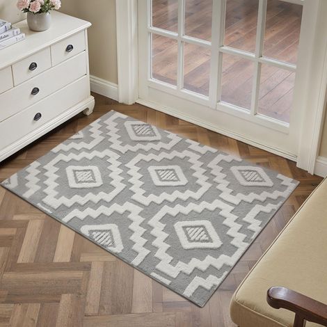 Petit tapis 60 x 90 cm pour l'entrée, lavable, à poils courts, moelleux, doux, antidérapant, moderne pour entrée, couloir, chambre, cuisine, gris et blanc (1/5)