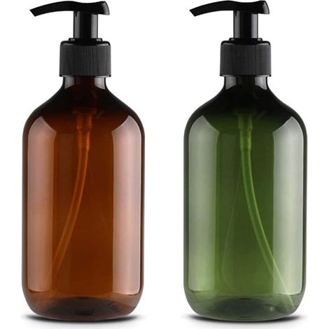 Set di 2 flaconi di plastica vuoti da 500 ml con pompa a pressione, dispenser di sapone ricaricabile per oli essenziali, lozioni, shampoo, balsamo (marrone e verde) (1/5)