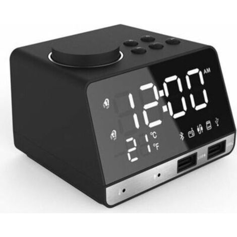 LED double réveil miroir horloge Radio enceinte pour salle de bain basse sans fil bluetooth + port USB + FM Noir noir, Enlé