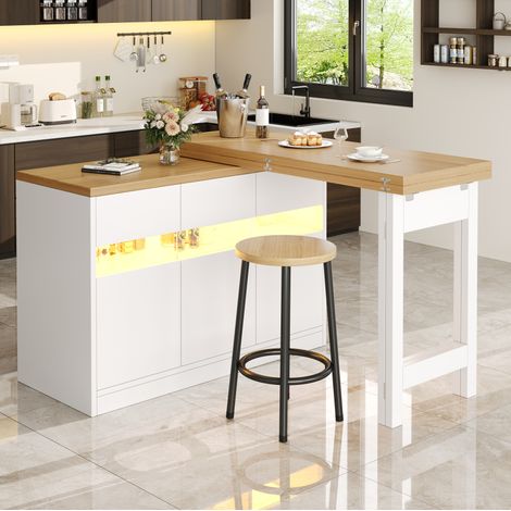 Table bar extensible 120-180x40x71,5 cm MDF blanc et naturel, LED et rangement pour studio – MEUBLIV (1/5)