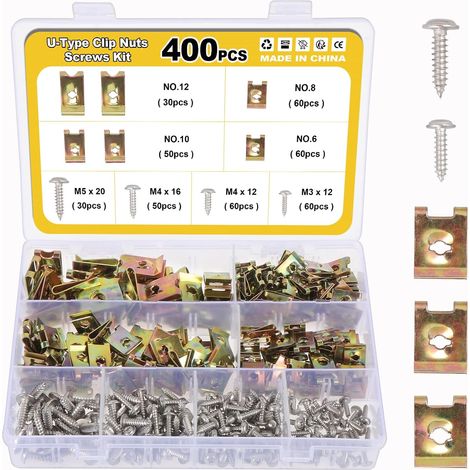 400 Pièces Agrafe Carrosserie, Ecrou Clip U Clips Vis Tole, Clips de Fixation Voiture Agrafe Vis Carrosserie Voiture pour Auto Moto (1/5)