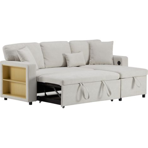 Canapé d'angle convertible L avec rangement, étagère intégrée et USB, beige en flanelle (1/5)