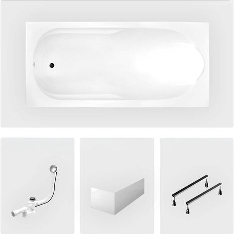 Rechteckige Badewanne - 160 x 70 cm - mit weißer Frontschürze - Füße - Chromablauf - BONA