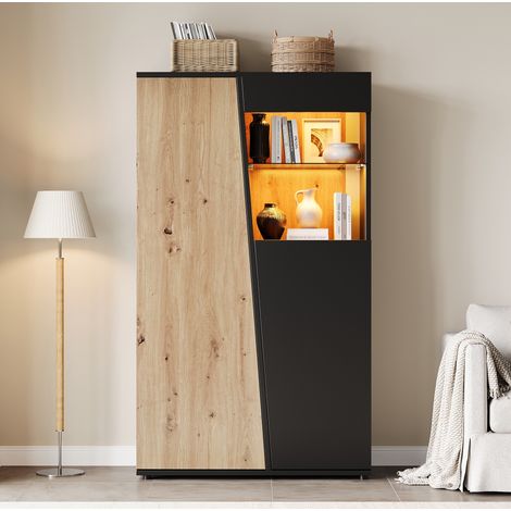 Vitrine haute LED Bluetooth 80 x 35 x 139,5 cm, 9 compartiments, noir et bois naturel (1/5)