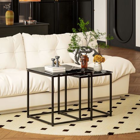 Lot de 2 tables basses gigognes carrées - 50x50x52 cm - Tables d'appoint emboîtables en verre trempé et acier pour salon - Noir (1/5)