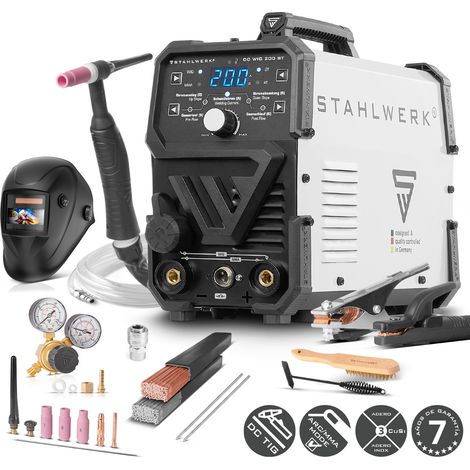 STAHLWERK Soldador combinado 2 en 1 DC TIG 200 ST – Equipo completo – Función TIG & MMA (Electrodo/ARC) hasta 200 A, encendido HF, Anti-Stick, para acero, acero inoxidable cobre y latón sin aluminio