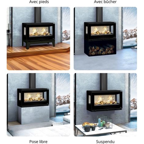 Poêle à bois moderne pose libre, suspendu, sur pieds, avec bûcher - BRONPI Cairo 903C Box 13 kW  Sans kit air - Foyer en FIRETEK - Sans kit ventilation - Avec bûcher