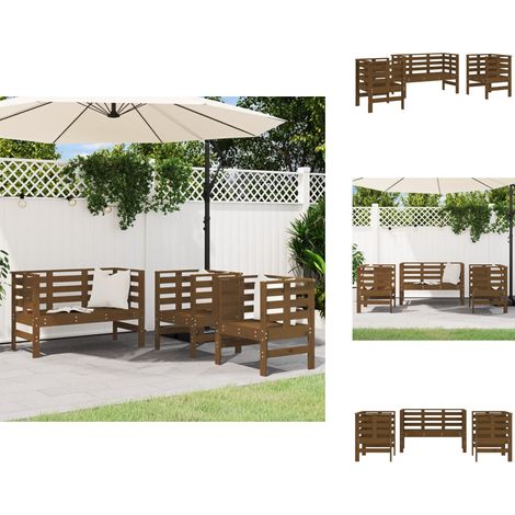 3-tlg. Garten-Lounge-Set Honigbraun Massivholz Kiefer - Gartenmöbel - Loungesessel - Gartenbank - Kiefernholzmöbel - Rattan Möbel (1/5)