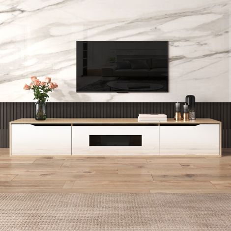 Meuble TV suspendu,  de 180 cm,meuble TV mural avec LED 16 couleurs pour salon, en panneau de particules de style moderne, blanc brillant et bois