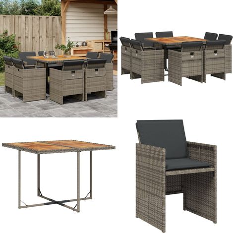 9-tlg. Garten-Essgruppe mit Kissen Grau Poly Rattan - Gartengestell - Gartenmöbelset - Outdoor Möbel - Terrassenmöbel - Esstisch - Home & Living (1/5)