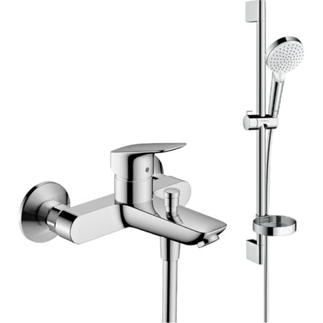 Conjunto de grifería mecánica para bañera HANSGROHE Logis + conjunto de ducha Crometta de 2 chorros, blanco/cromo