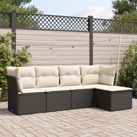 Ensemble Salon Jardin 5 Places Résine Tressée Noir avec Coussins Crème - Meuble Extérieur Modulaire (1/3)