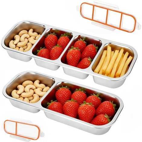 2 cajas reutilizables de acero inoxidable para aperitivos con tapas herméticas,Caja para aperitivos,2 compartimentos y 4 bolsillos (1/5)