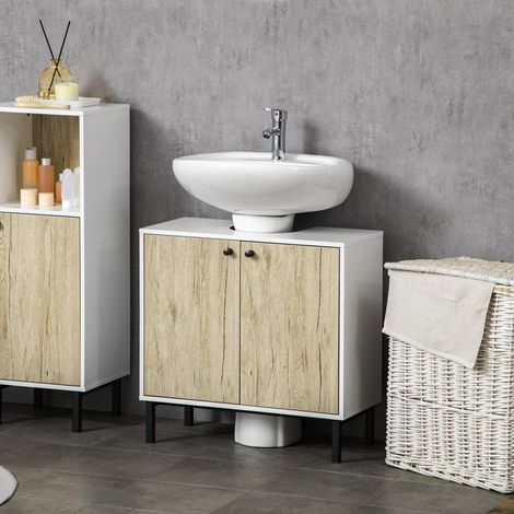 Waschtischunterschrank mit 2 Türen und Einlegeboden aus Spanplatte und Stahl, 60 x 30 x 60 cm, Weiß und Eiche
