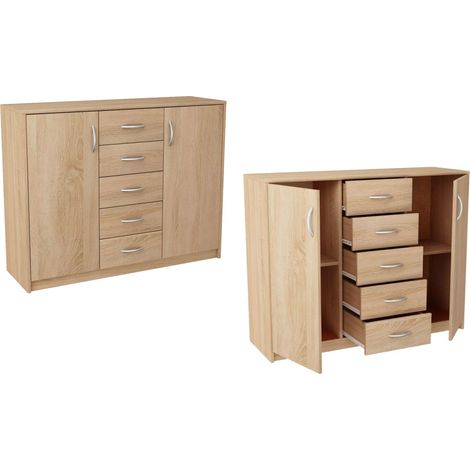 Buffet avec 2 portes et 5 tiroirs Sonoma - Meuble de Rangement Style contemporain - 110 x 35 x 85 cm (1/5)