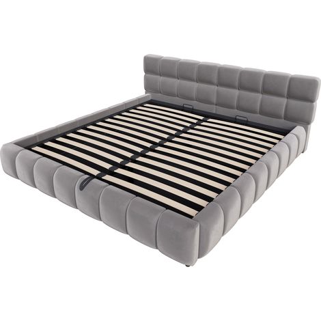 Cama capitoné 180 x 200 cm de terciopelo gris con LED y arcón hidráulico (1/5)