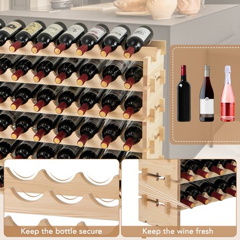 Casier à vin empilable en pin naturel pour 60 bouteilles, 6 niveaux avec fentes ondulées, pour cave, cuisine et bar (1/5)