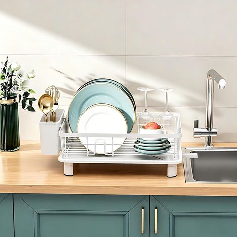 Egouttoir Vaisselle sur Evier Égouttoir à Blanc en Metal Dish Rack avec Plateau Drainer Porte Couverts (Blanco, Petit) Petit'Blanc Petit'Blanc'Petit