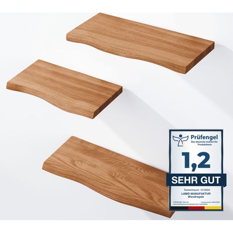 LAMO Manufaktur 3 Stück Wandregal aus Holz 42/36/30cm SET 1 Baumkante Farbe: Dunkel