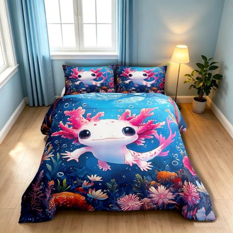 Housse de couette 135 x 200 cm - Motif : dessin animé Axolotl - Océan - Axolotl - Pour fille et garçon - Rose Kawaii - Housse de couette - Motif animaux sous-marins - Récif corallien (1/5)