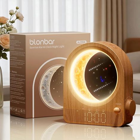 Lampe de Lune avec Réveil Lumineux,lampe de chevet avec 3 niveaux de luminosité, Lampe de réveil avec réveil lumière du jour,10 sons de la nature (Walnut) (1/5)