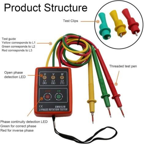 NALOOKAMIC Testeur de séquence triphasé, SM852B, indicateur de rotation de phase CA portable pour la détection de courant et de tension (1/3)
