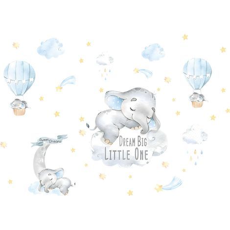 Pegatinas de pared de animales, calcomanías de pared de globos, pegatinas de pared infantiles, globo aerostático, nube, elefante para la habitación de los niños, guardería infantil. (1/5)