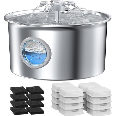 1 Distributeur Eau Chat INOX 2,6L Cascade Fleurs Fenêtre Niveau 8 Filtres 8 Éponges Intérieur (1/5)