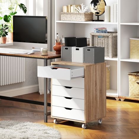 Caisson bureau mobile, meuble rangement bureau sur roulettes, 5 tiroirs, 47,5 x 39,5 x 67,5 cm, blanc et chêne